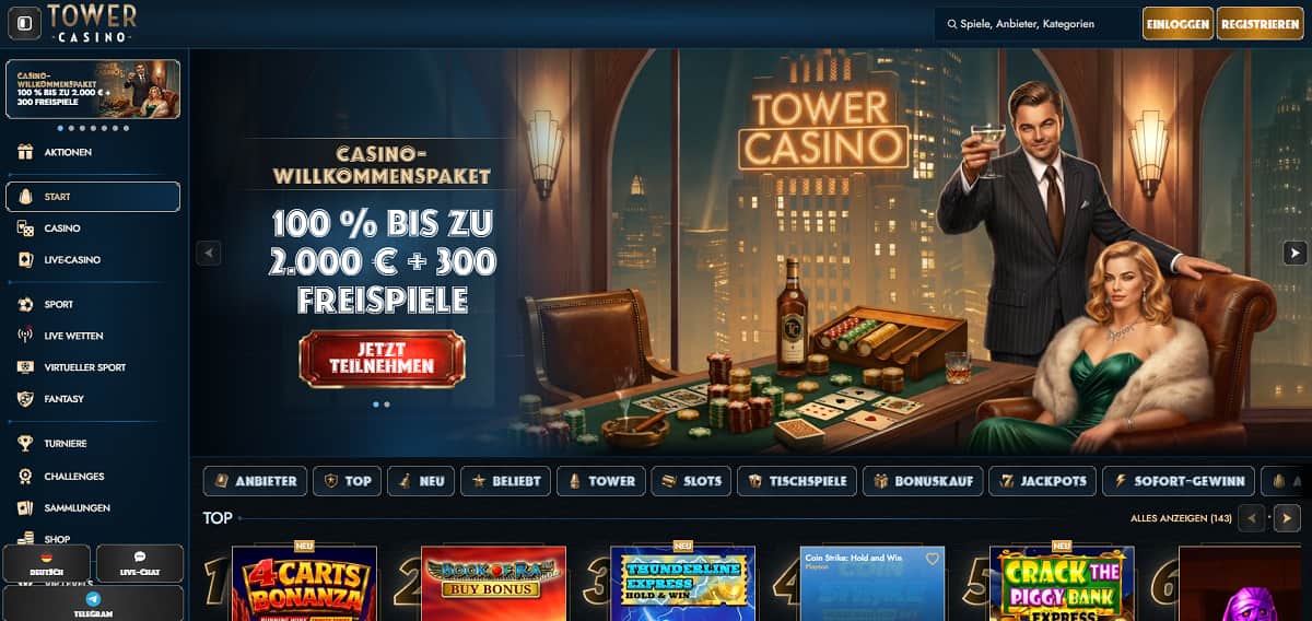 Tower Casino Startseite mit Banner, das ein Willkommenspaket von 100 % bis zu 2.000 € plus 300 Freispiele bewirbt. Luxuriöses Design mit Spieler im Anzug und Dame in grünem Kleid am Casinotisch, Hintergrund zeigt Skyline und Neon-Schild „Tower Casino“. Navigation umfasst Casino, Live-Casino, Sportwetten und Turniere. Bereich zeigt Slots wie Book of Ra Buy Bonus, Crack the Piggy Bank Express und Thunderline Express Hold and Win. 